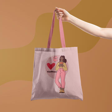 Tote bag with women illustration and text I love coffee