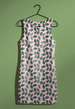 Dress with a green and pink leaf pattern
